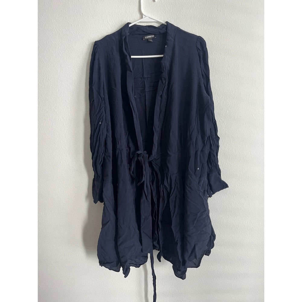 Express Navy Blue Tie Waist Ruffle Hem Mini Dress‎ Long Sleeve Studded Size L